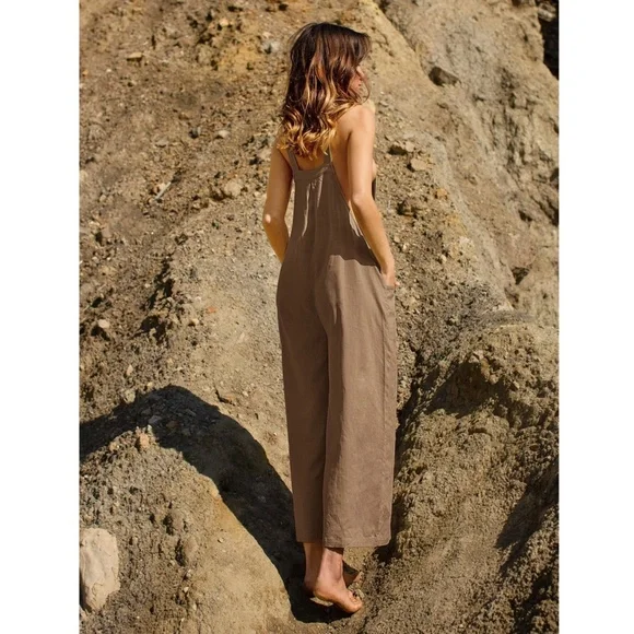 Linen Blend Casual Mocha Brown Overalls Pockets Jumpsuit Wide Leg - Picture 2 of 7